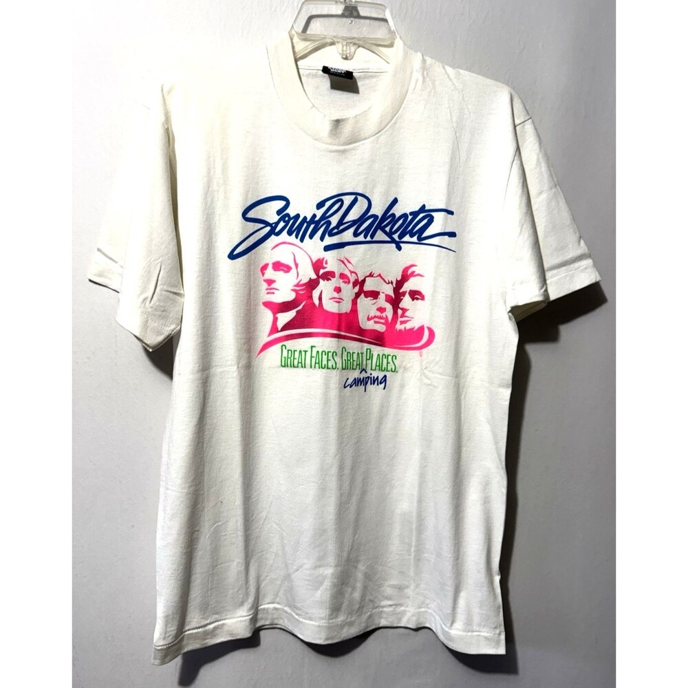 Vintage 80s Mt Rushmore Faces Single Stitch T Shirt USA Tourist Graphic Neon L
